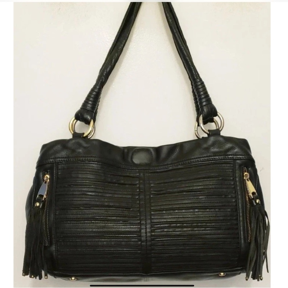 B. MAKOWSKY Genuine Black Pleated Front Leather Hobo Satchel Hand Bag